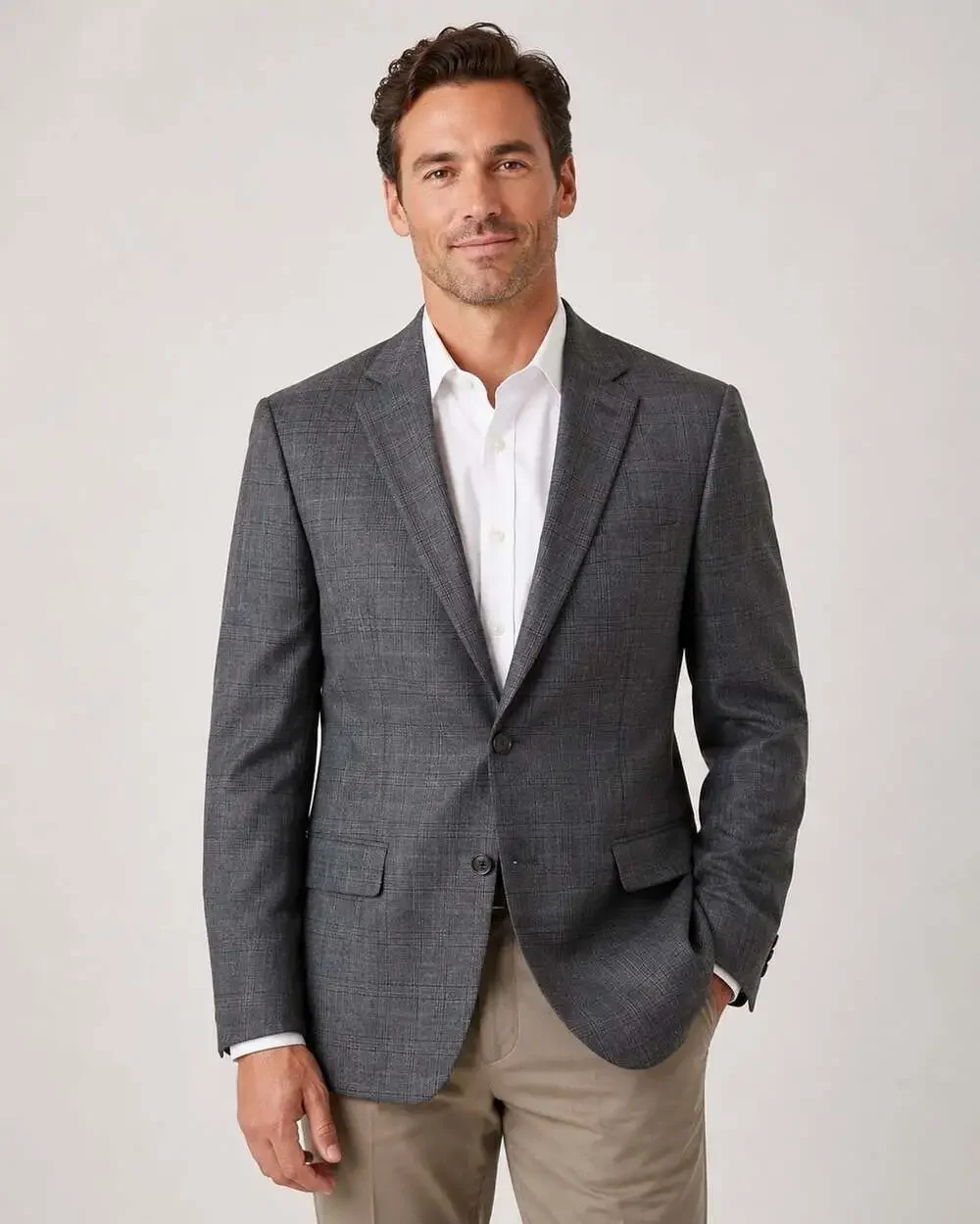 Chaps Mens Gray Plaid Two Button Blazer Sport Coat Jacket Classic Fit 46-48R